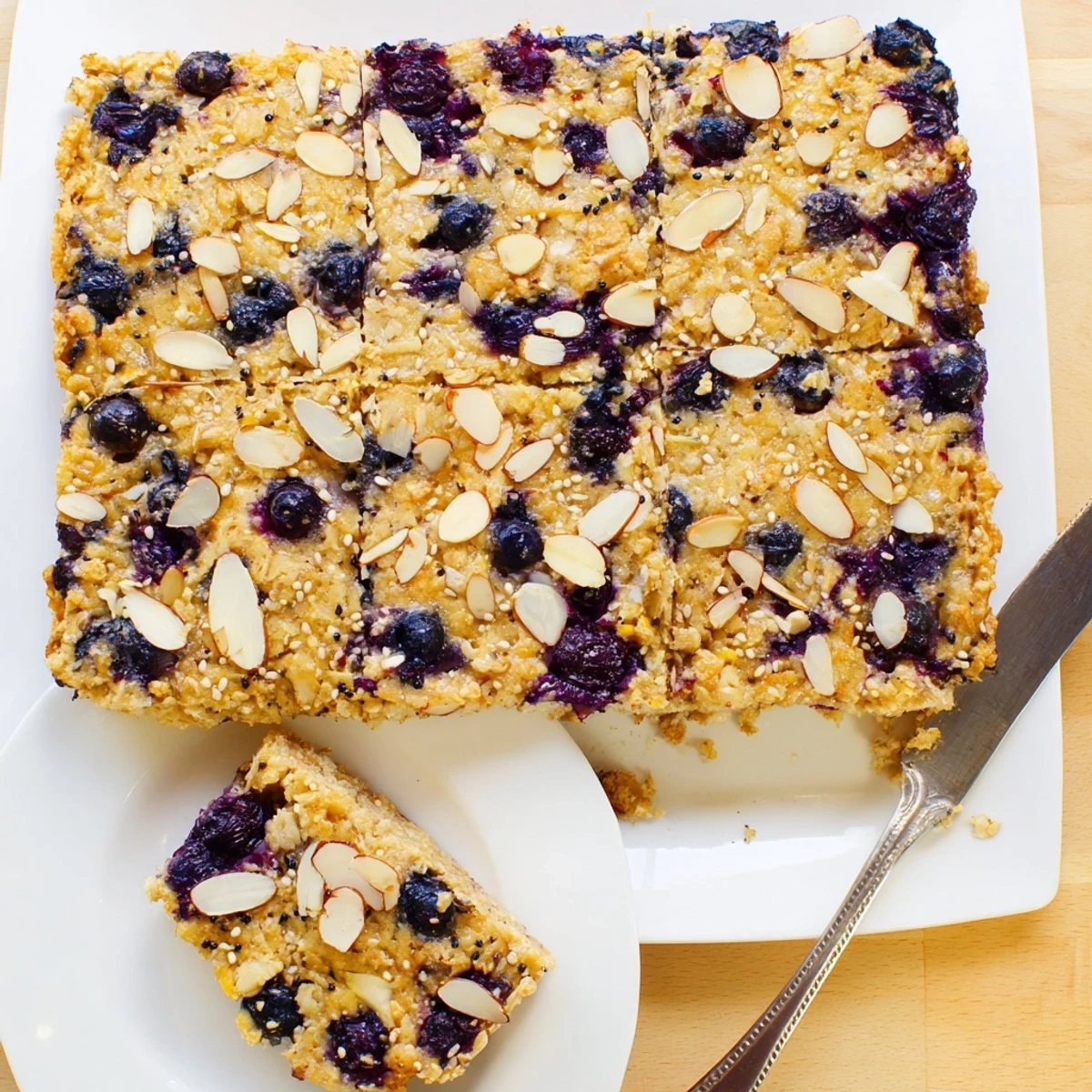Golden high protein lemon blueberry breakfast bake topped with almonds and chia seeds