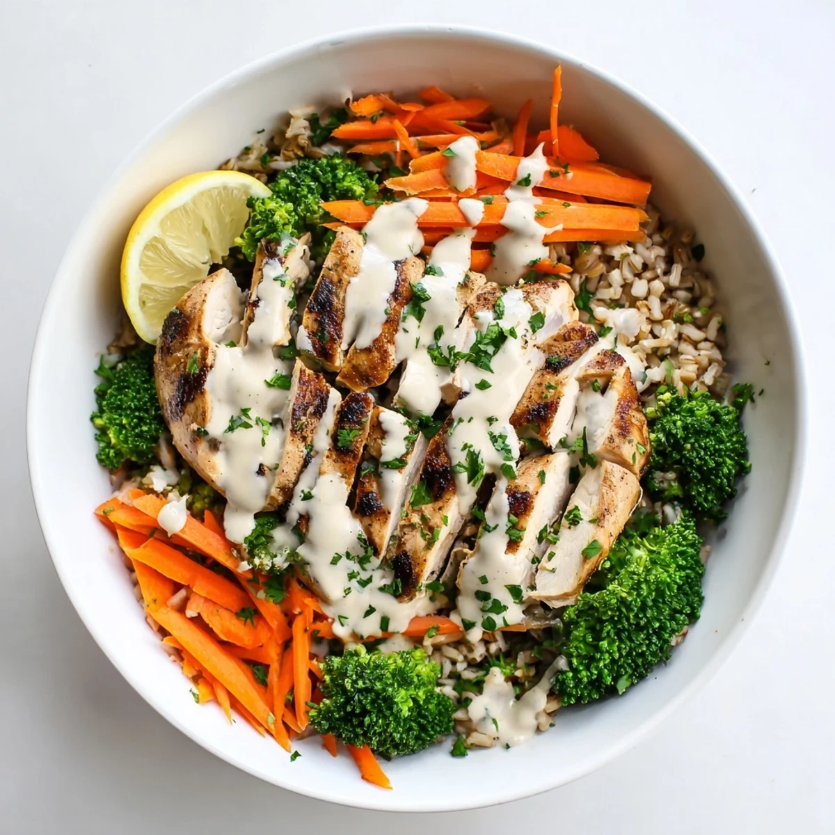 Healthy grilled chicken broccoli bowl with tender meat whole grains and tangy garlic yogurt dressing