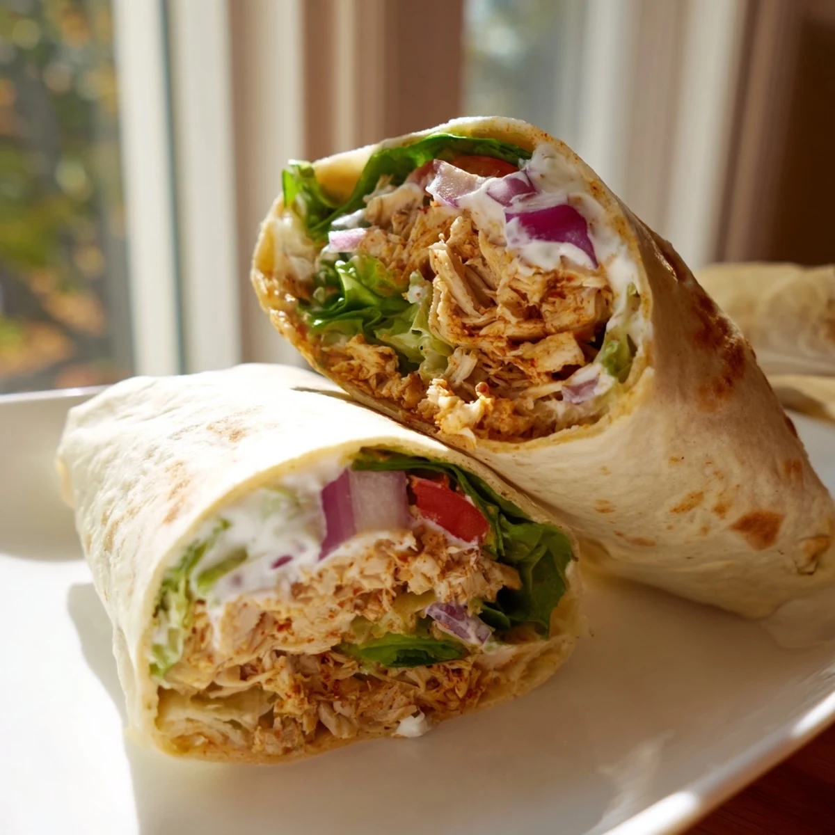 Golden brown cottage cheese flatbread wrapped around seasoned shredded chicken with fresh lettuce tomato and red onion