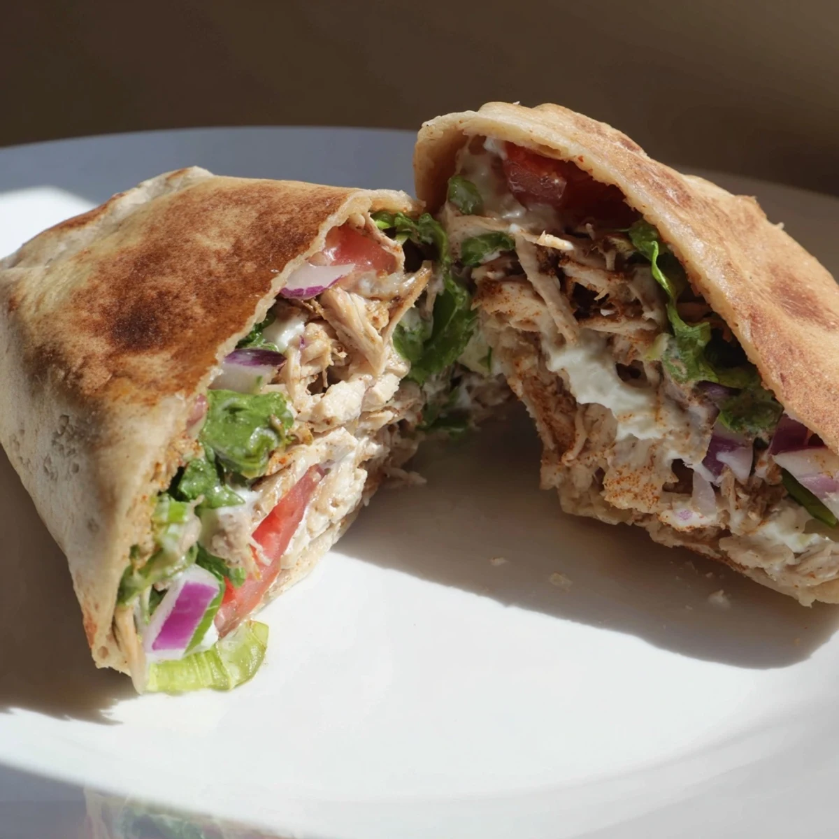 Protein-packed chicken wraps featuring crispy homemade cottage cheese flatbread filled with spiced chicken and colorful vegetables