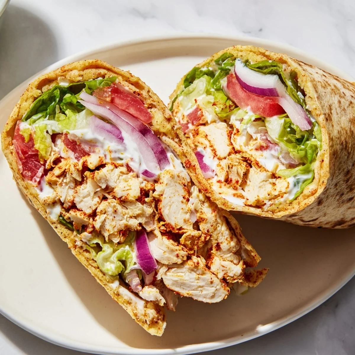 High protein crispy cottage cheese flatbread chicken wraps sliced in half revealing seasoned filling and fresh crunchy toppings