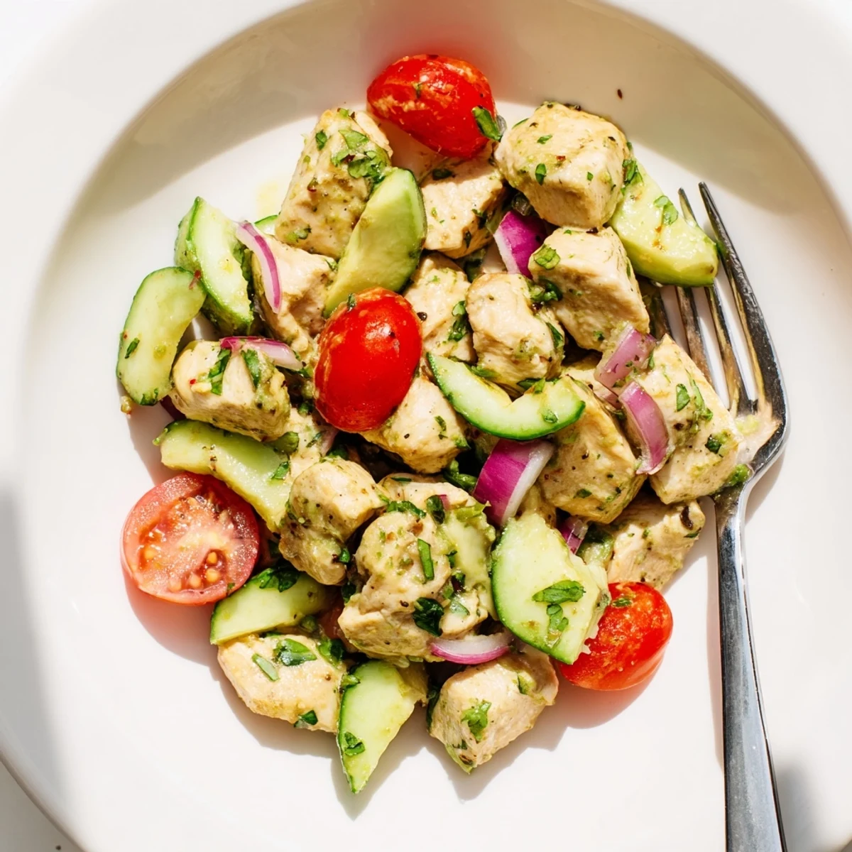 Fresh healthy avocado chicken salad with juicy diced chicken, ripe avocado chunks, cherry tomatoes, and crisp cucumber tossed in zesty lime dressing