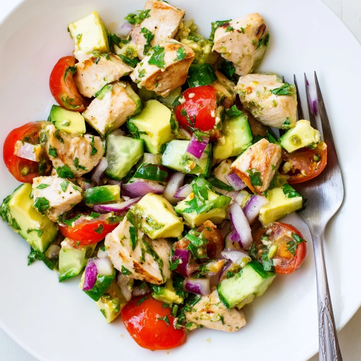 Vibrant healthy avocado chicken salad plated with golden chicken pieces, buttery avocado, halved tomatoes, cucumber, and fresh herbs in light citrus dressing