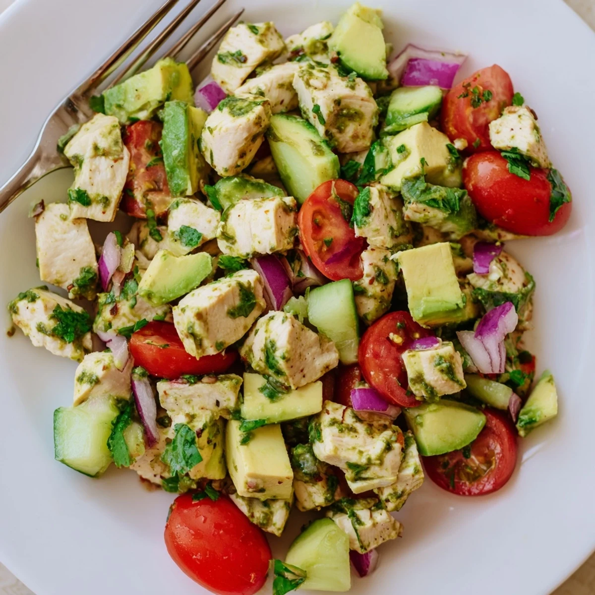 Colorful bowl of healthy avocado chicken salad featuring tender grilled chicken breast, creamy avocado, red onion, and cilantro drizzled with tangy lime olive oil