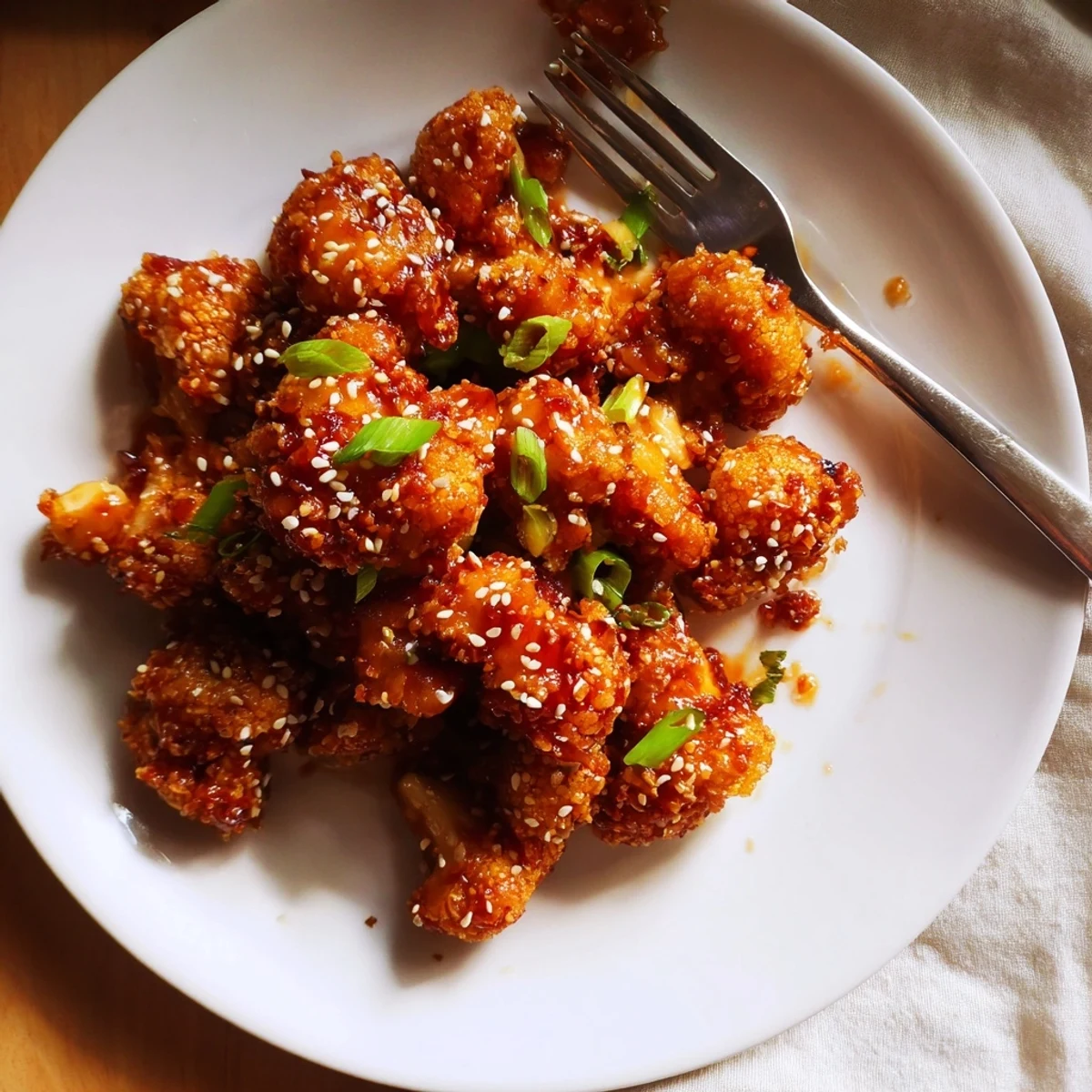 Golden crispy sticky honey garlic cauliflower coated in glossy sweet sauce topped with green onions and sesame seeds