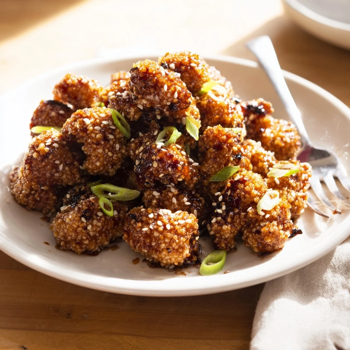 Vegetarian sticky honey garlic cauliflower pieces glazed in thick honey garlic sauce served on white plate