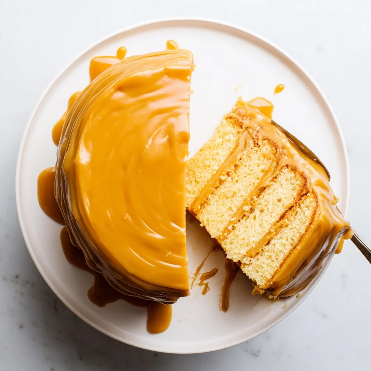 Golden three-layer caramel cake draped with silky frosting and glossy amber caramel drizzle