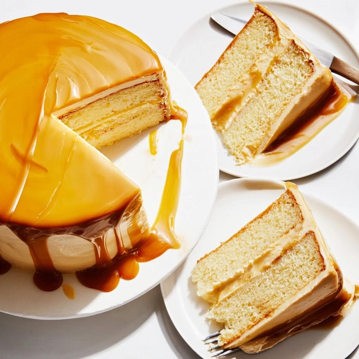 Indulgent caramel cake slice revealing tender buttery crumbs and rich caramel buttercream layers