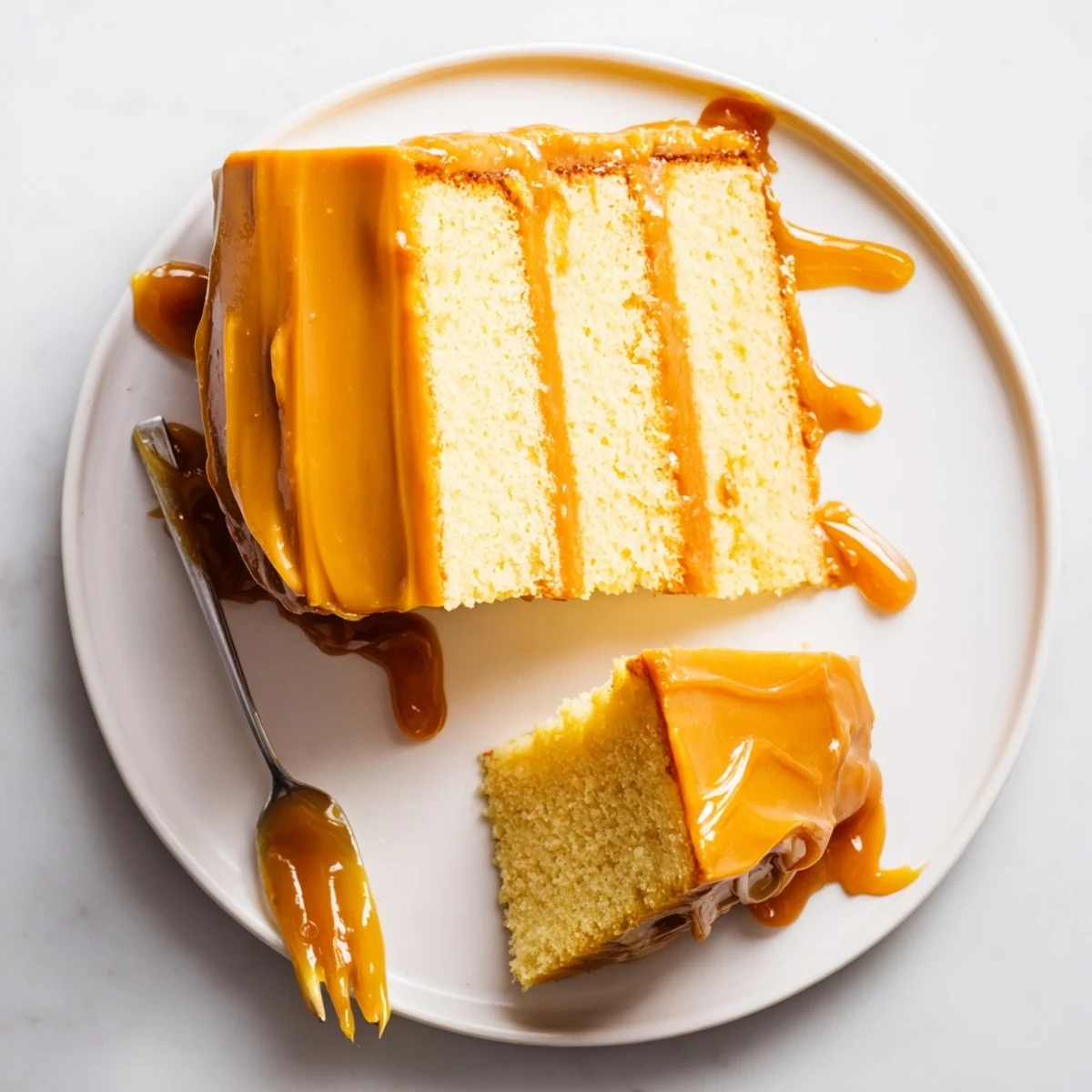 Decadent caramel cake topped with smooth caramel frosting and glistening sweet caramel sauce