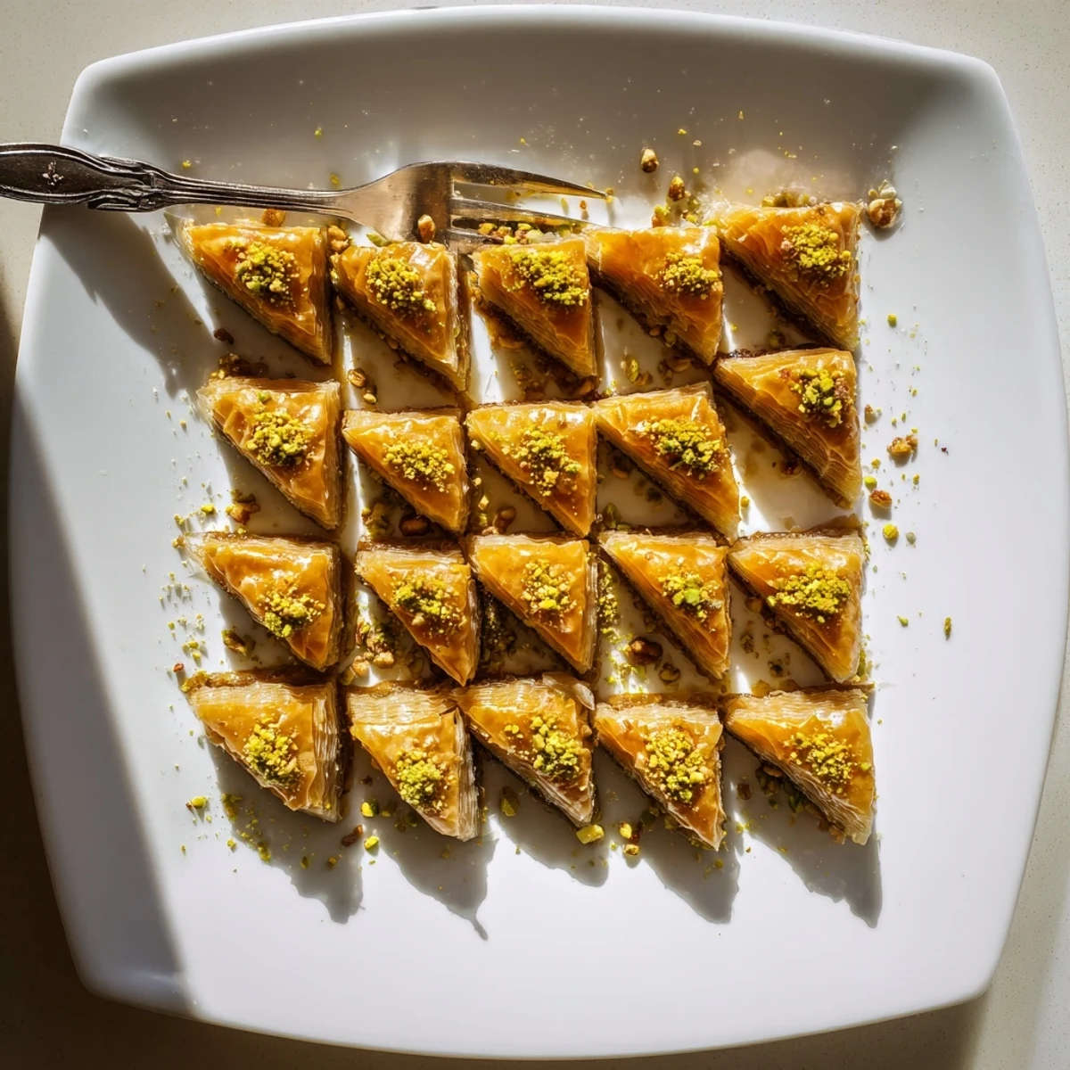 Golden baklava dessert with flaky phyllo layers, chopped walnuts and pistachios, glistening with sweet honey syrup