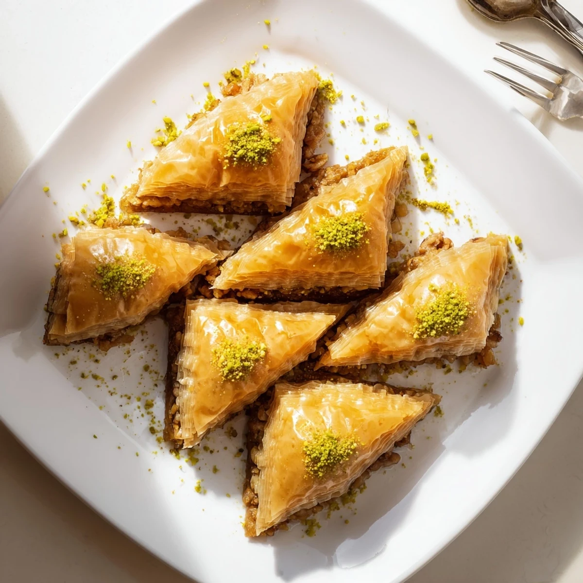 Homemade baklava arranged in diamond shapes, featuring crisp buttered pastry spilling with cinnamon-spiced nut filling