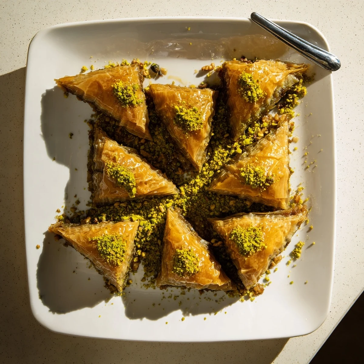 Middle Eastern baklava squares with warm aromatic syrup poured over golden layers of phyllo and mixed nuts