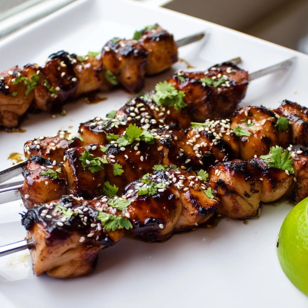 Golden grilled spicy honey garlic chicken skewers with caramelized char marks and fresh cilantro garnish on a serving platter
