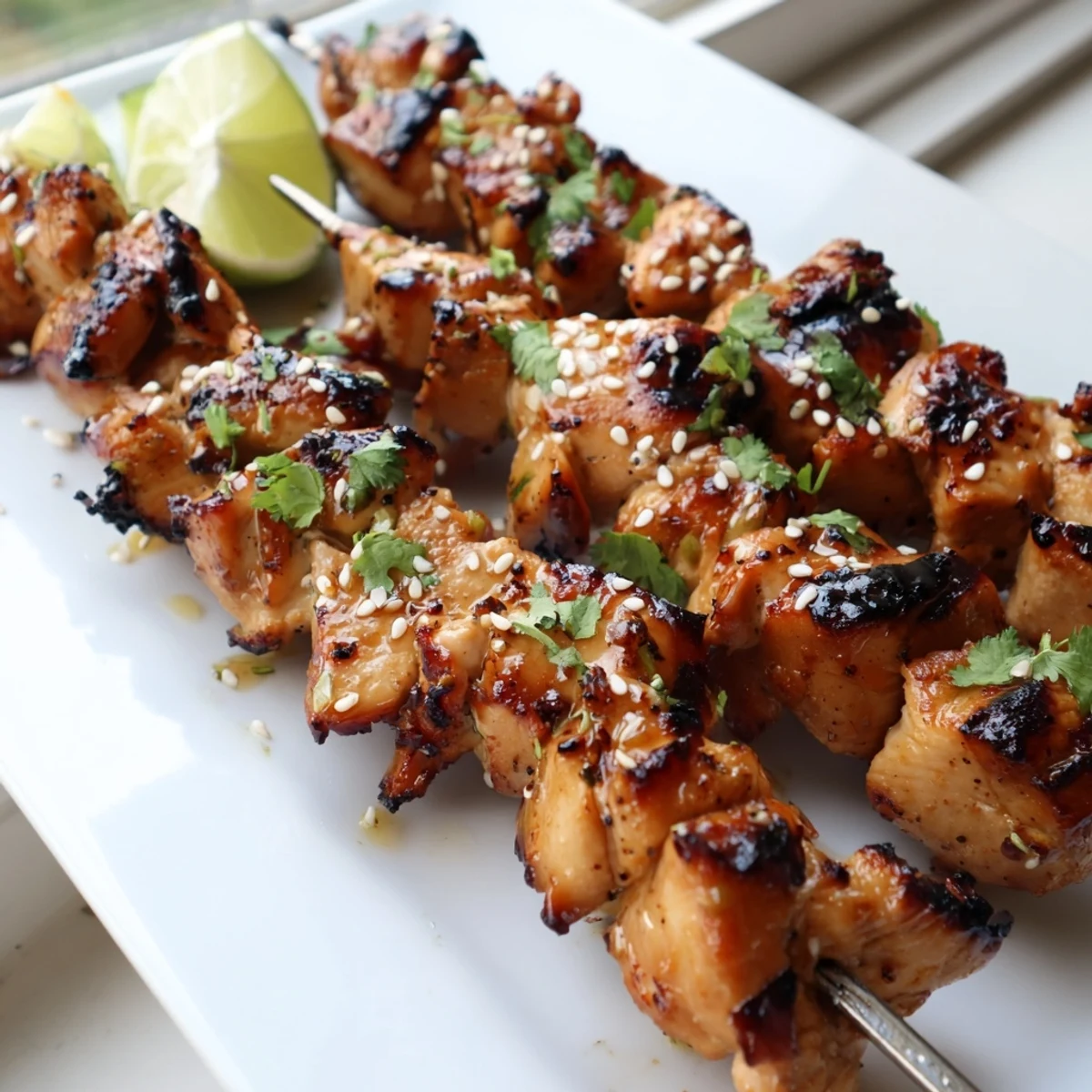 Juicy honey garlic chicken skewers basted in spicy chili glaze, grilled to smoky perfection with lime wedges