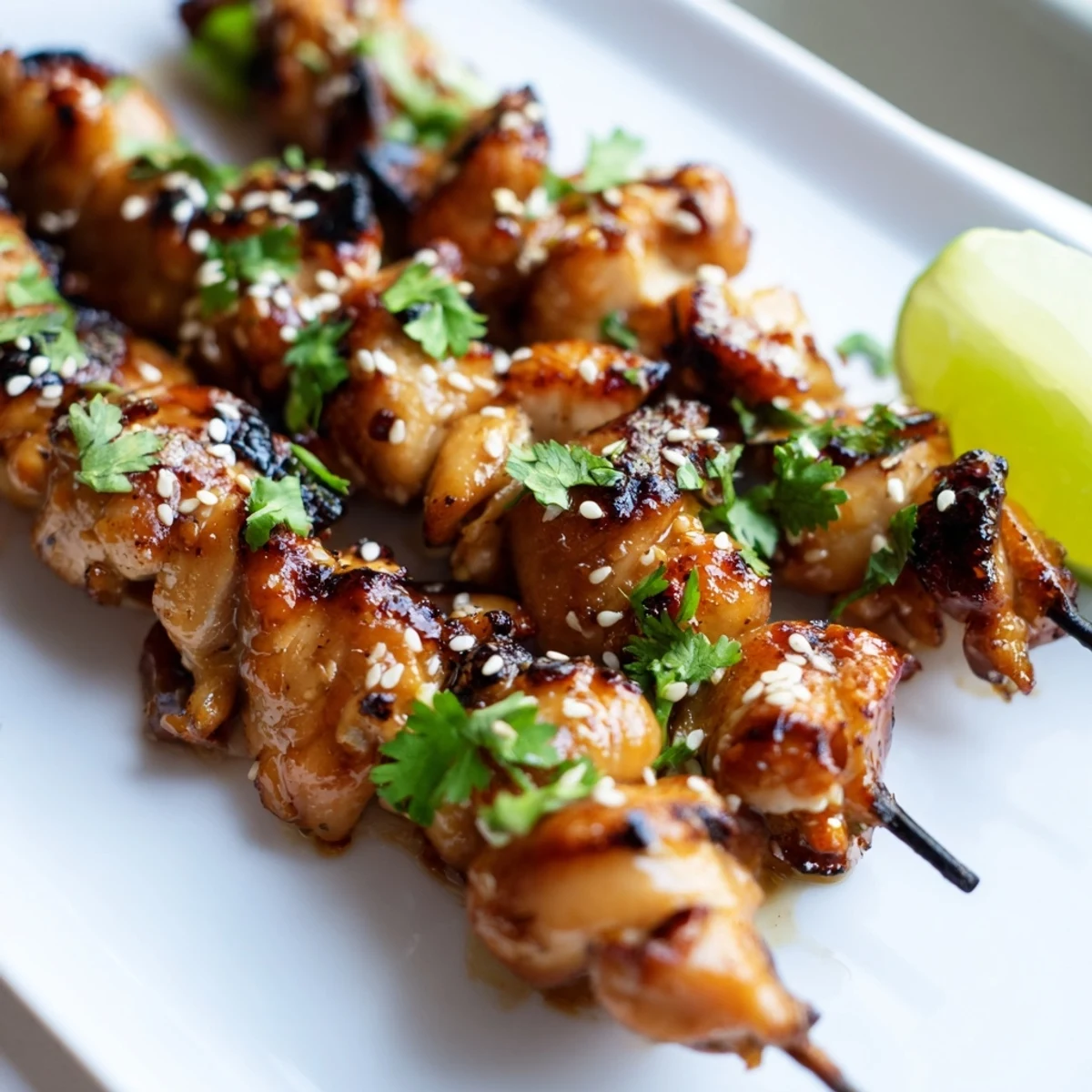 Tender spicy chicken pieces threaded on skewers, coated in sticky honey garlic sauce and lightly charred from the grill