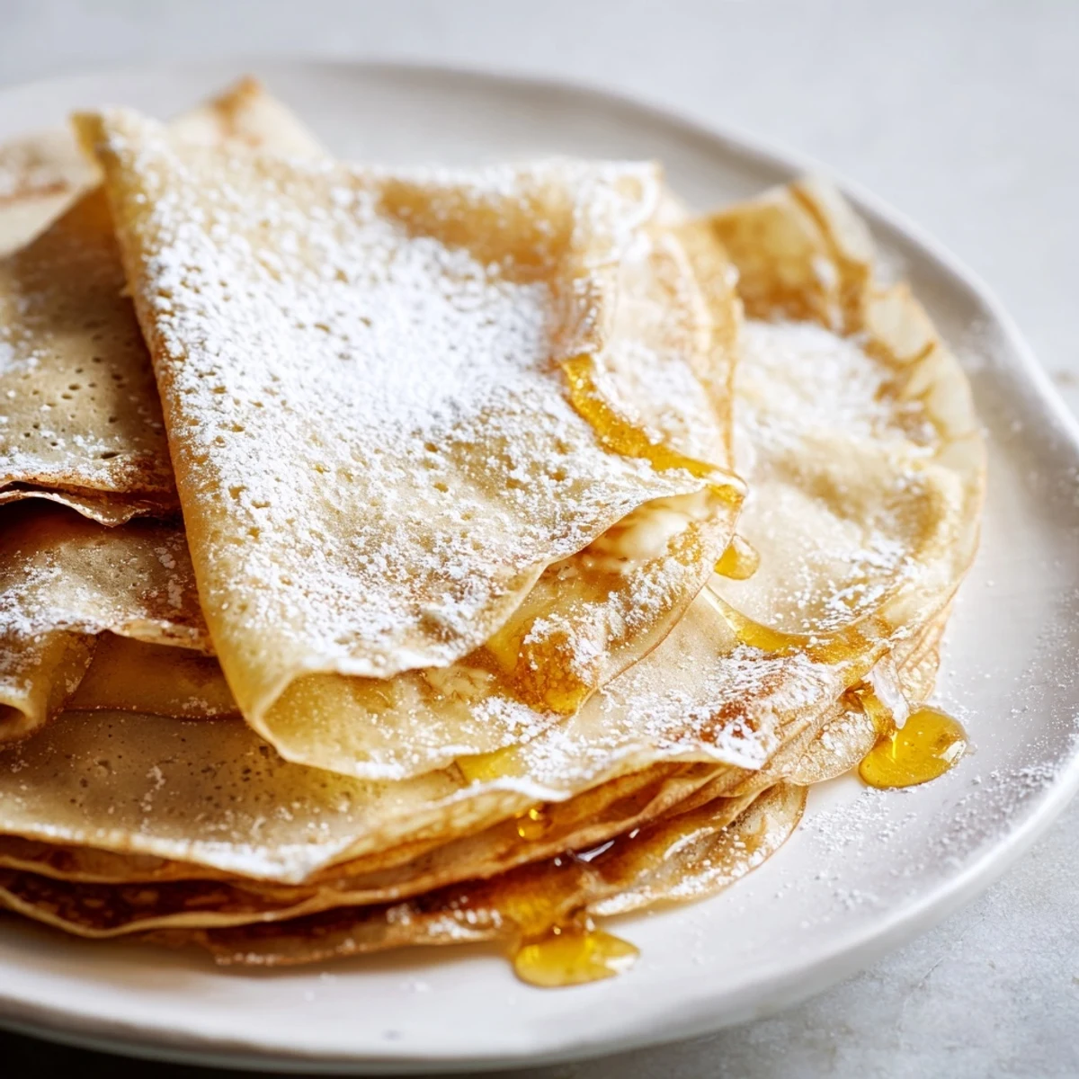 Golden honey drizzles over warm, delicate French crepes stacked on a white plate