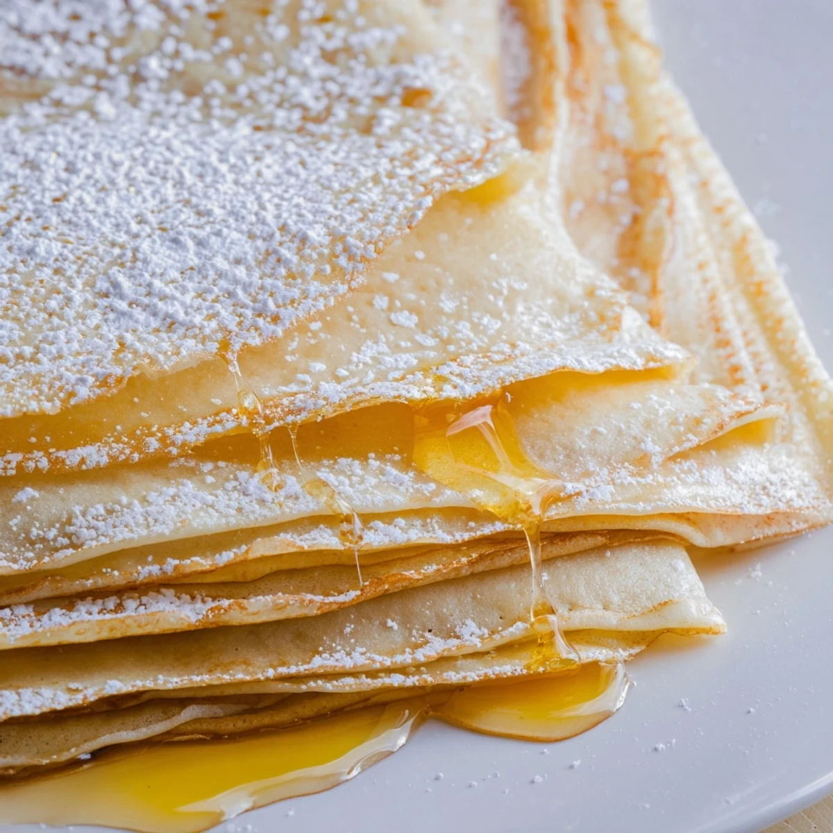 Thin golden crepes with honey drizzle finished with fresh berries and powdered sugar