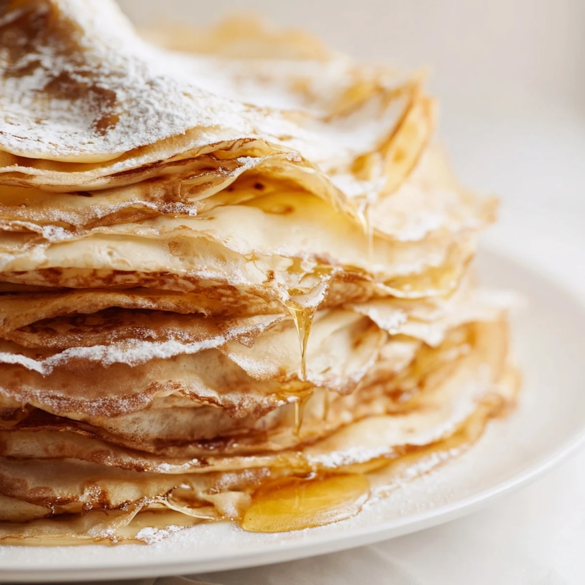 Stack of warm crepes with honey drizzle garnished with red berries on white plate