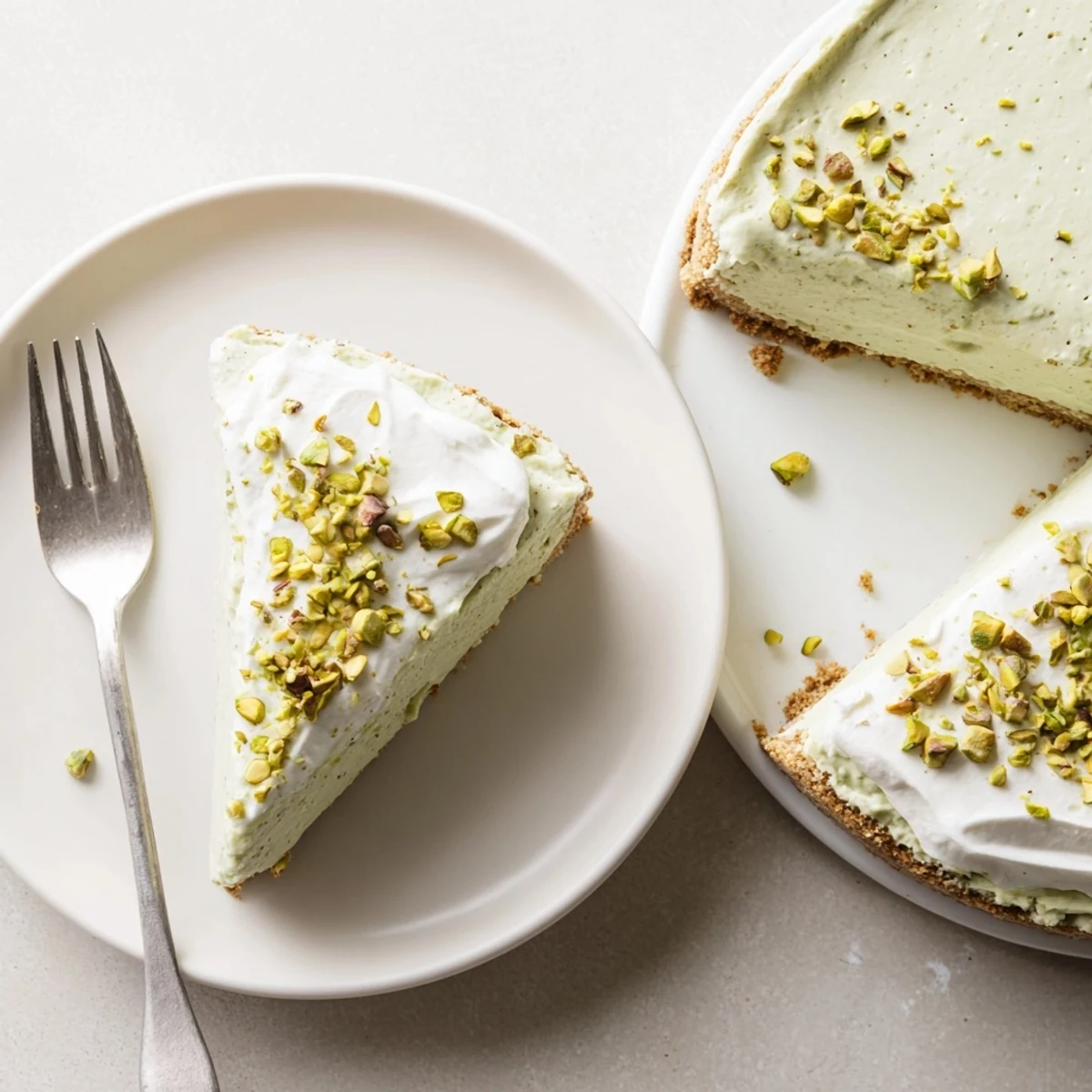 Creamy homemade pistachio cheesecake with buttery graham cracker crust topped with whipped cream and chopped green nuts