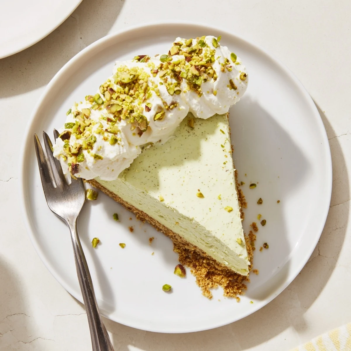 Golden slice of pistachio cheesecake featuring rich nutty filling on crunchy pistachio-infused crust garnished with cream