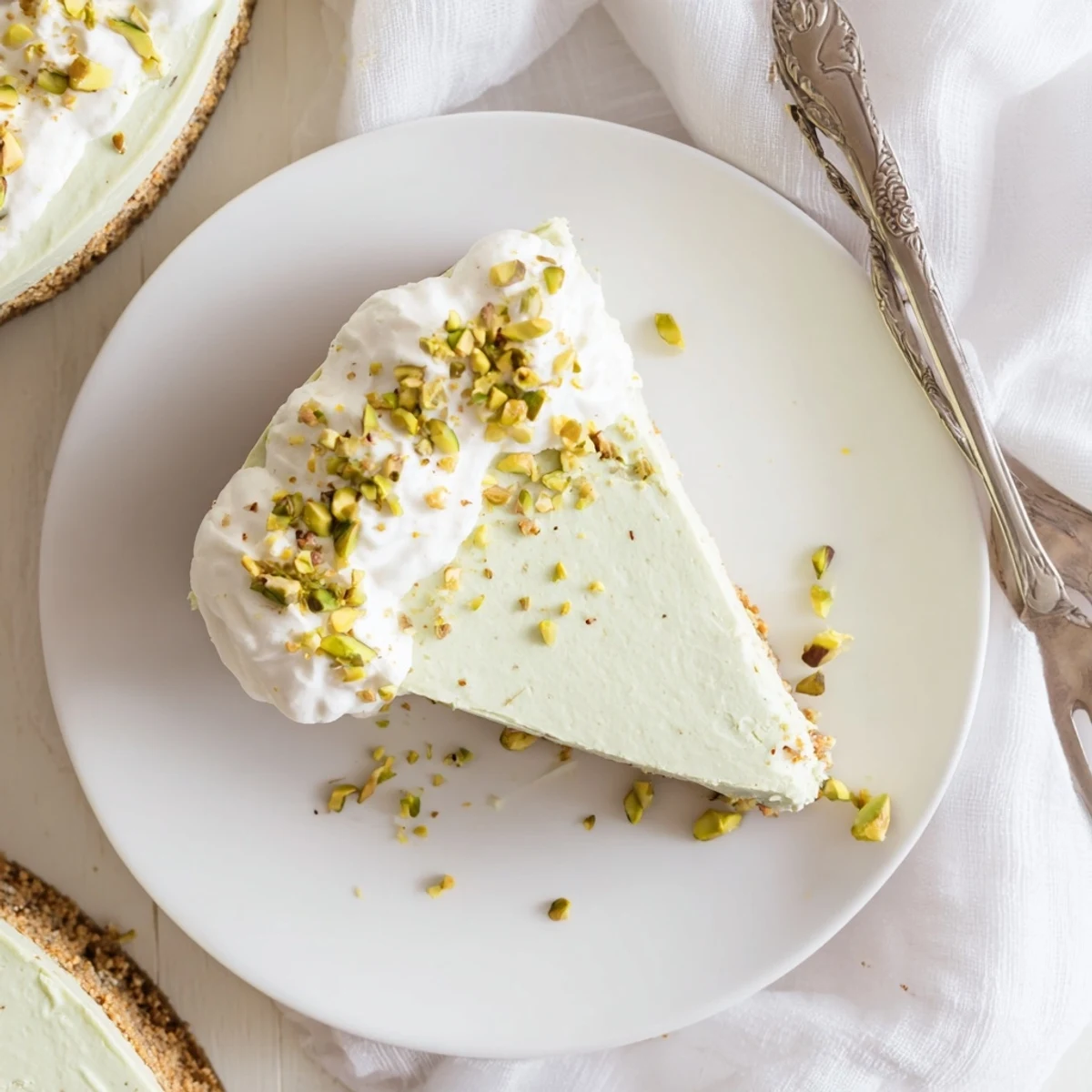 Slice of velvety pistachio cheesecake with smooth green flecked filling served on white dessert plate