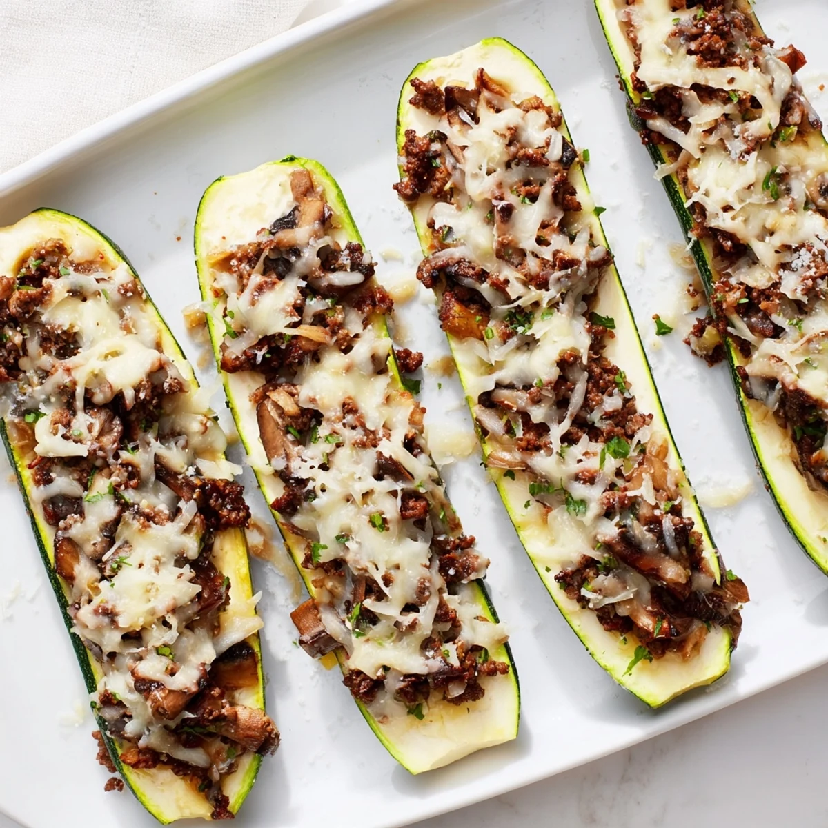 Golden cheesy beef tenderloin mushroom stuffed zucchini boats fresh from oven on white baking sheet