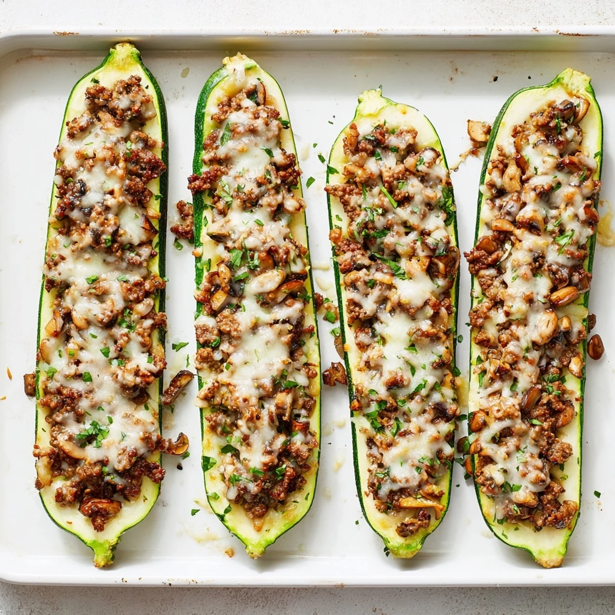 Savory zucchini boats piled high with seasoned beef and mushroom filling topped with melted mozzarella