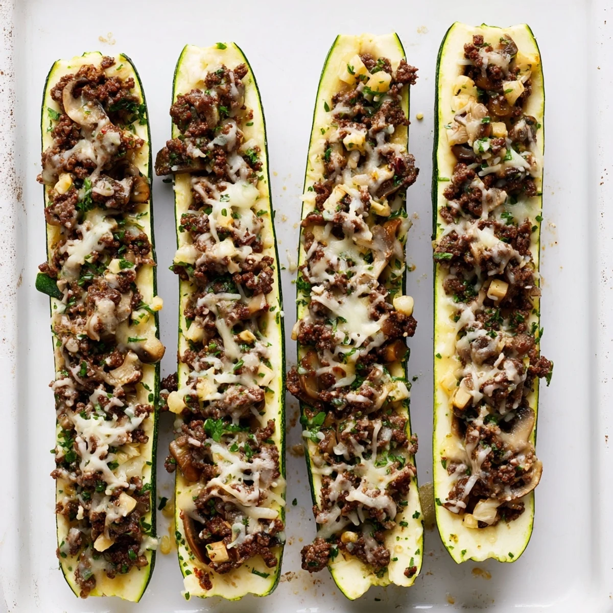 Elegant dinner plate featuring tender zucchini halves stuffed with beef tenderloin mushroom mixture and herbs