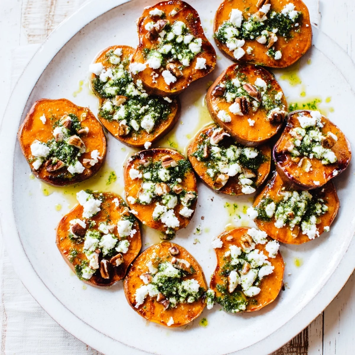 Golden roasted sweet potato rounds topped with crumbled feta, honey drizzle, and fresh herb oil