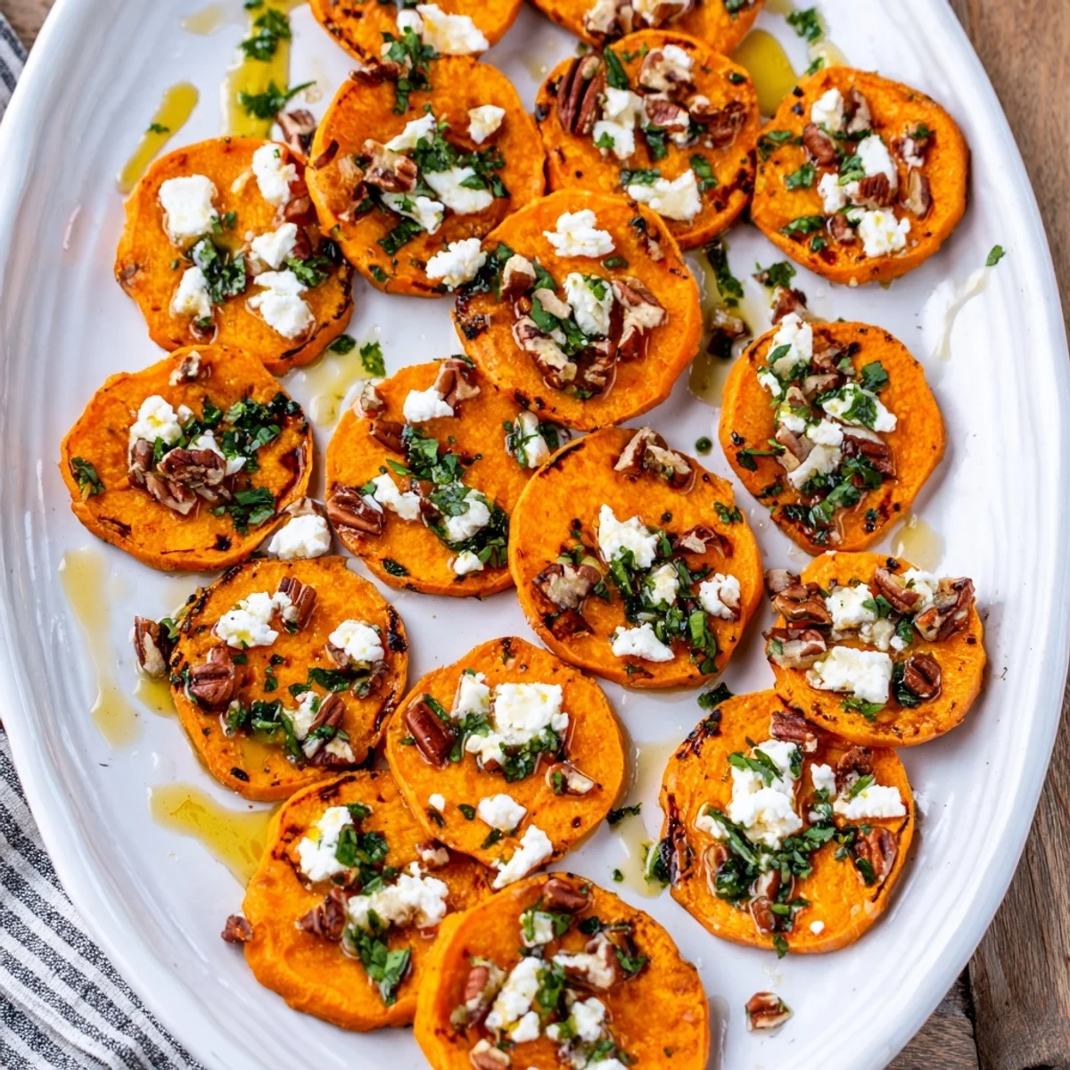 Mediterranean appetizer featuring honey feta sweet potato crostini with vibrant green herb drizzle garnish