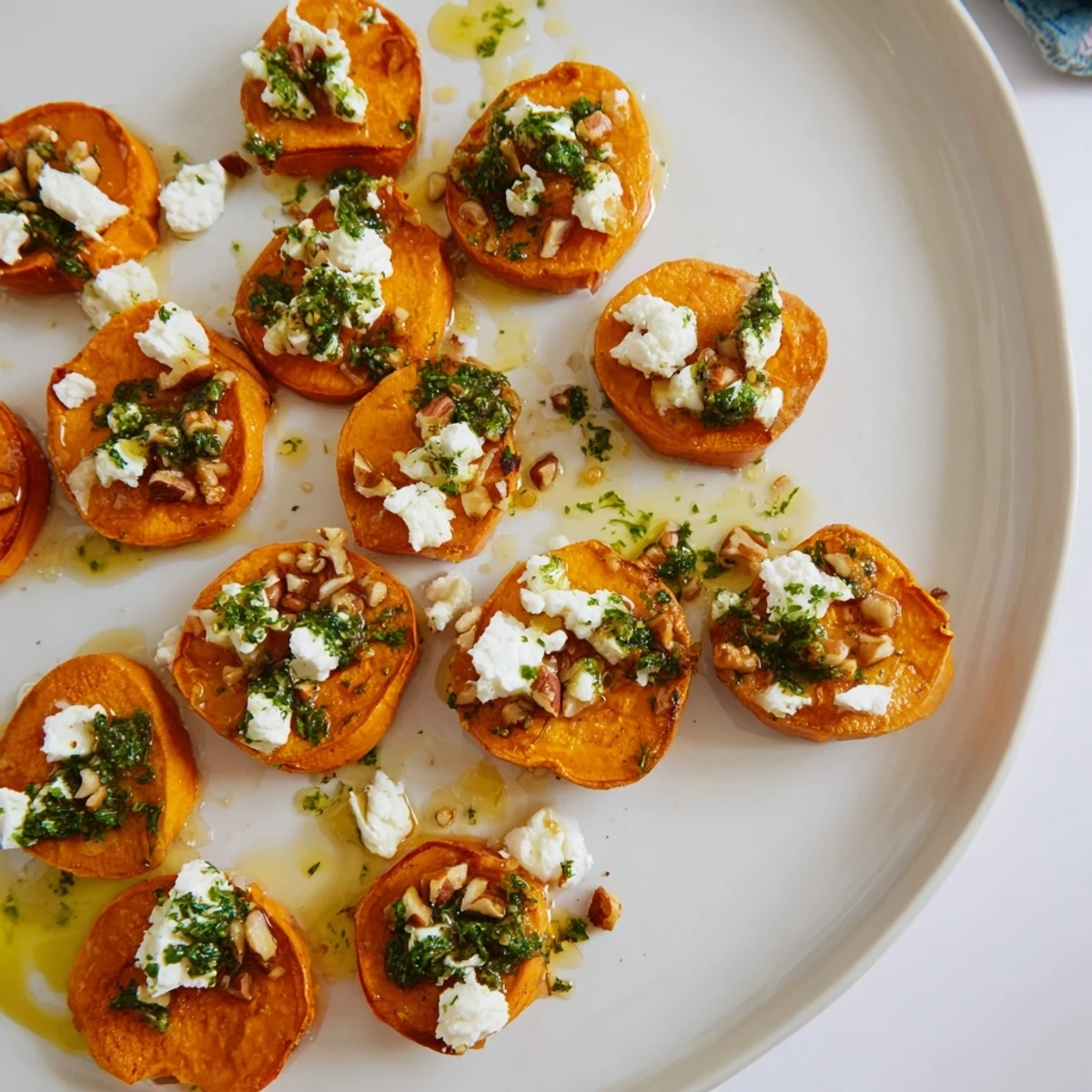 Close up of honey feta sweet potato crostini with parsley basil drizzle on white platter