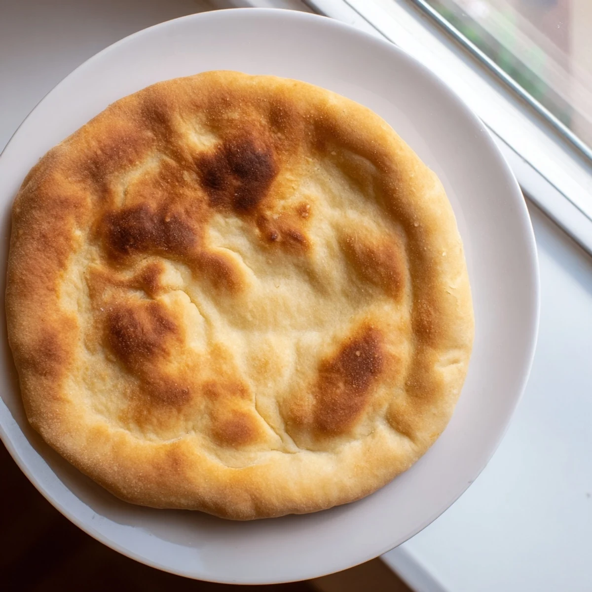Soft pillowy Turkish Bazlama flatbread with golden bubbles brushed with melted butter
