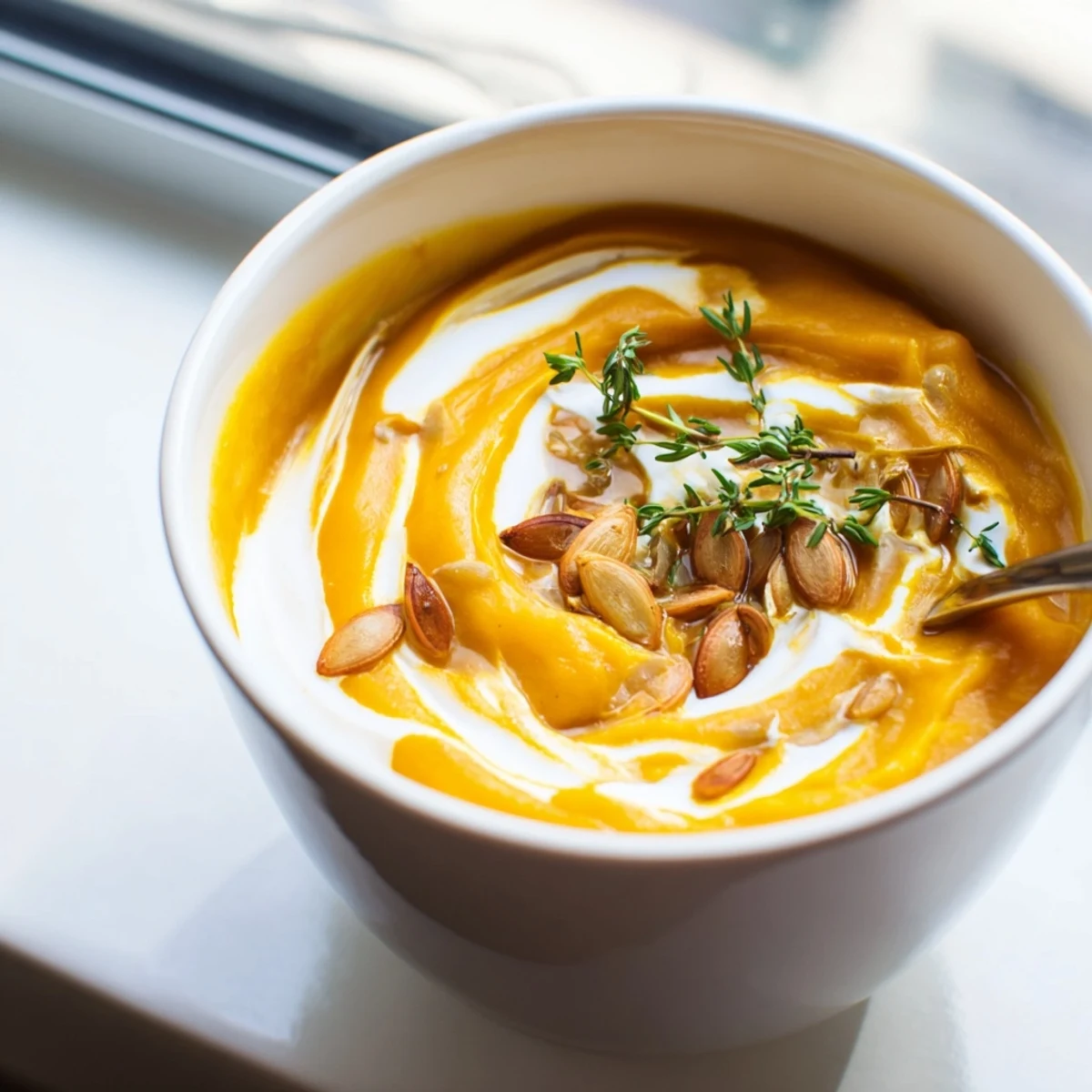 Golden bowl of velvety butternut squash soup with swirl of cream on rustic table