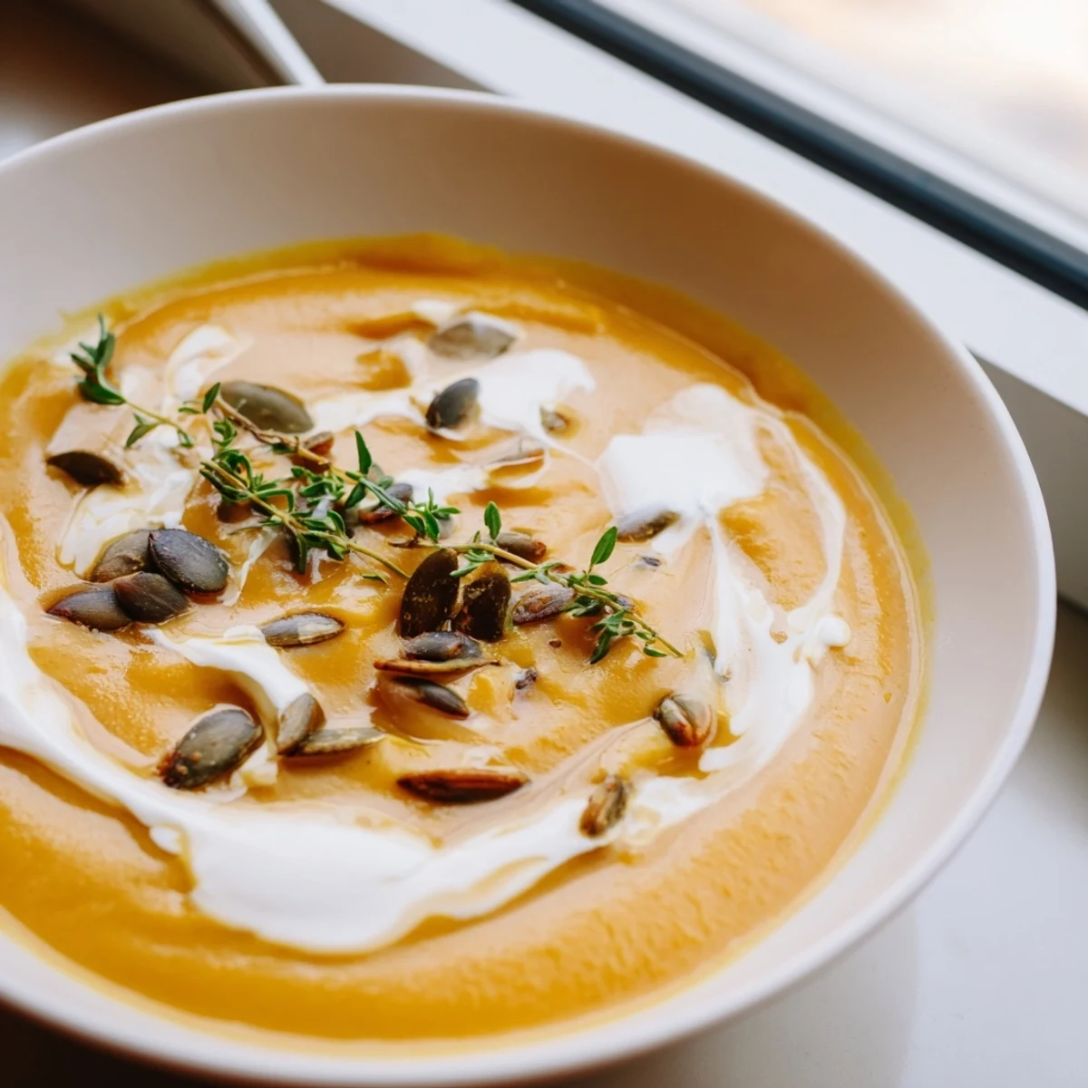 Creamy roasted butternut squash soup garnished with fresh thyme and toasted pumpkin seeds
