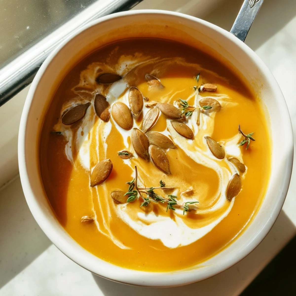 Steaming homemade roasted butternut squash soup topped with herbs and crusty bread slice