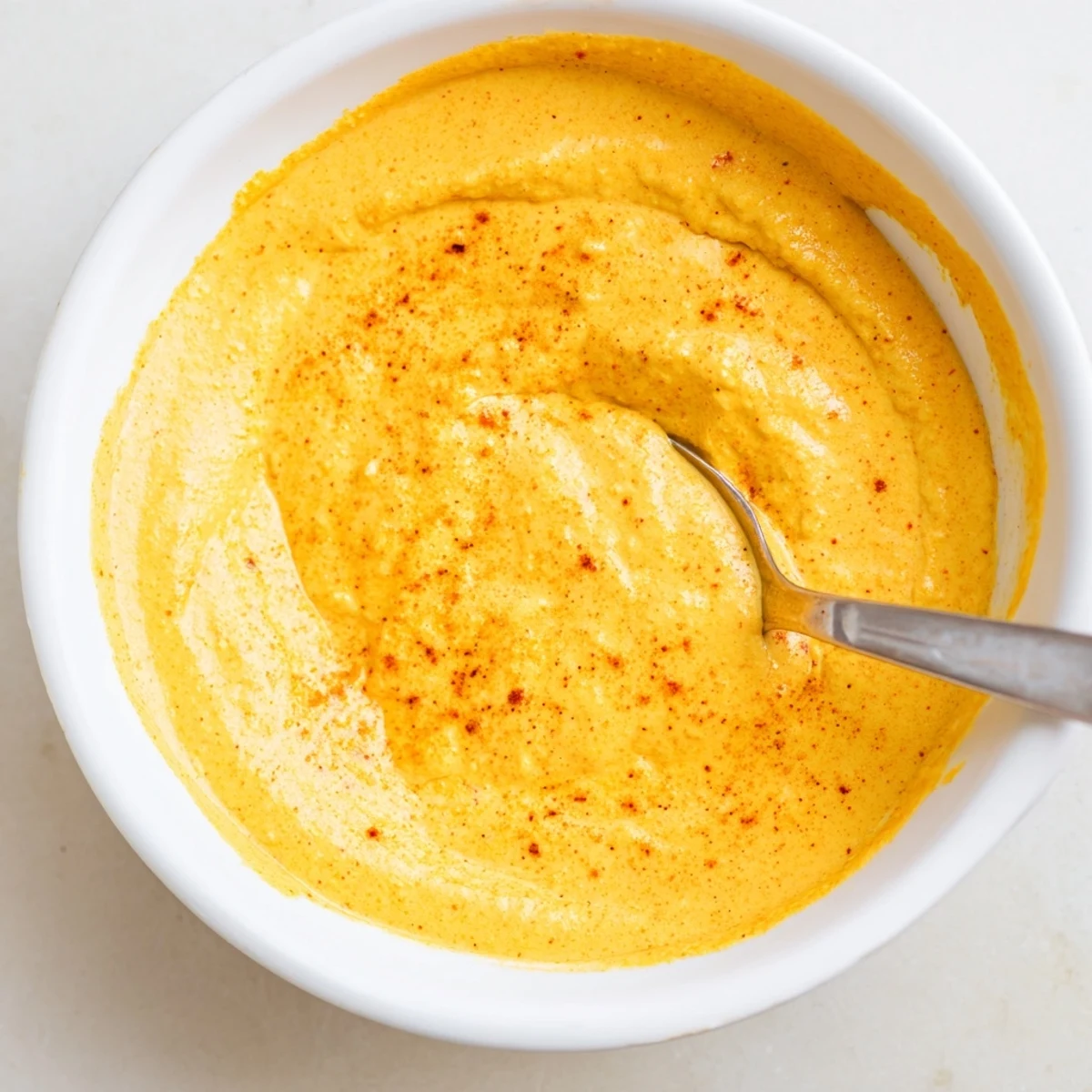 Golden dairy-free nacho cashew cheese sauce served warm in a small white bowl