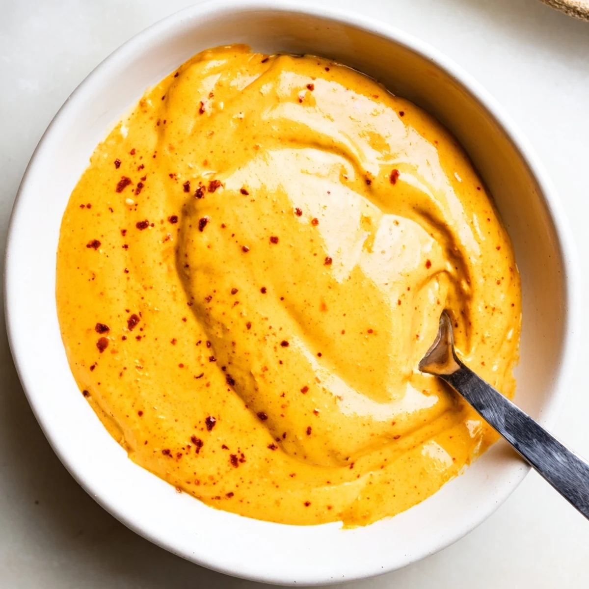 Smooth orange nacho cashew cheese sauce pouring from a glass measuring cup