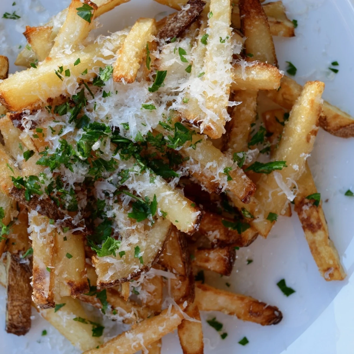 Golden homemade truffle fries topped with freshly grated Parmesan cheese and green parsley.