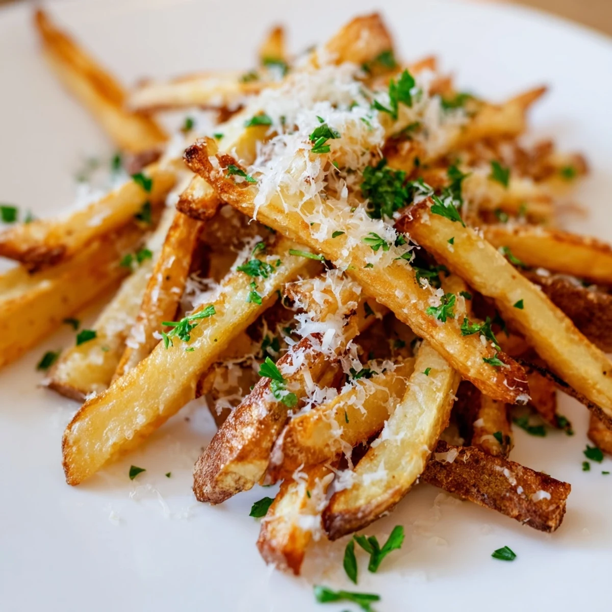 Plate of savory truffle fries crowned with Parmesan and chopped fresh parsley.