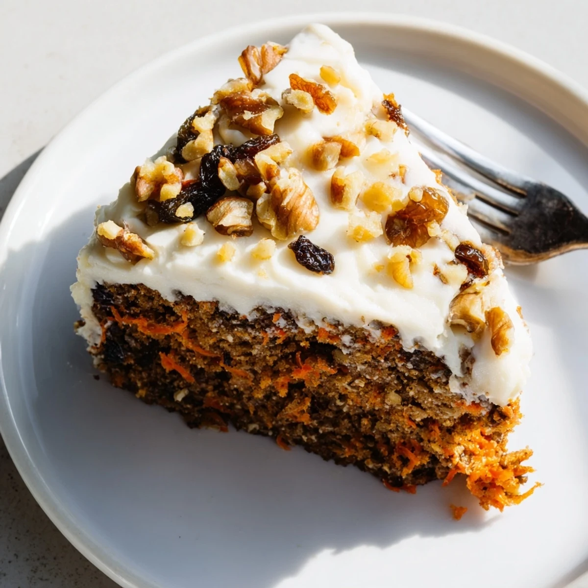 Moist flourless oatmeal carrot cake slice topped with chopped walnuts on a white plate