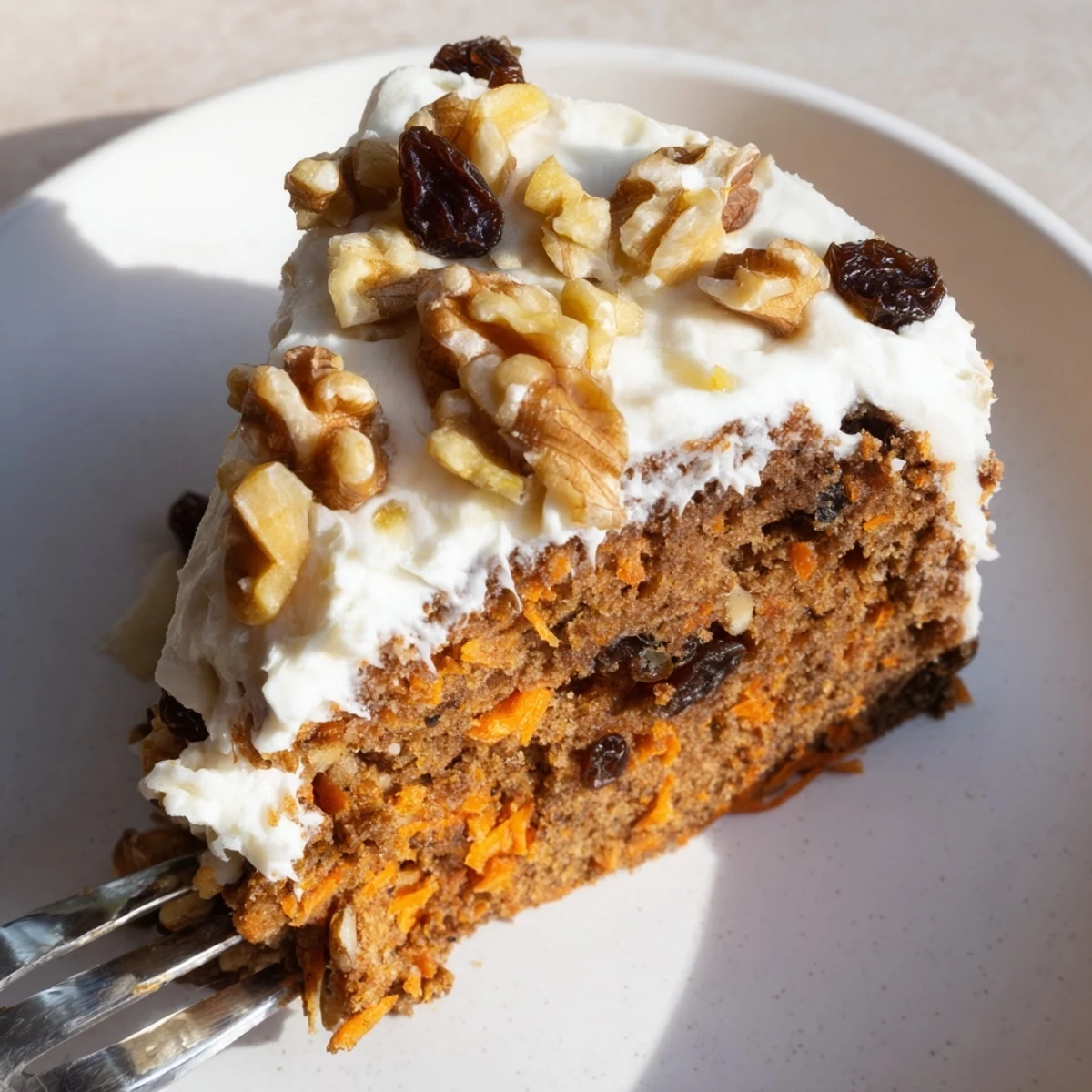 Golden flourless oatmeal carrot cake square with visible carrot shreds and pecan pieces
