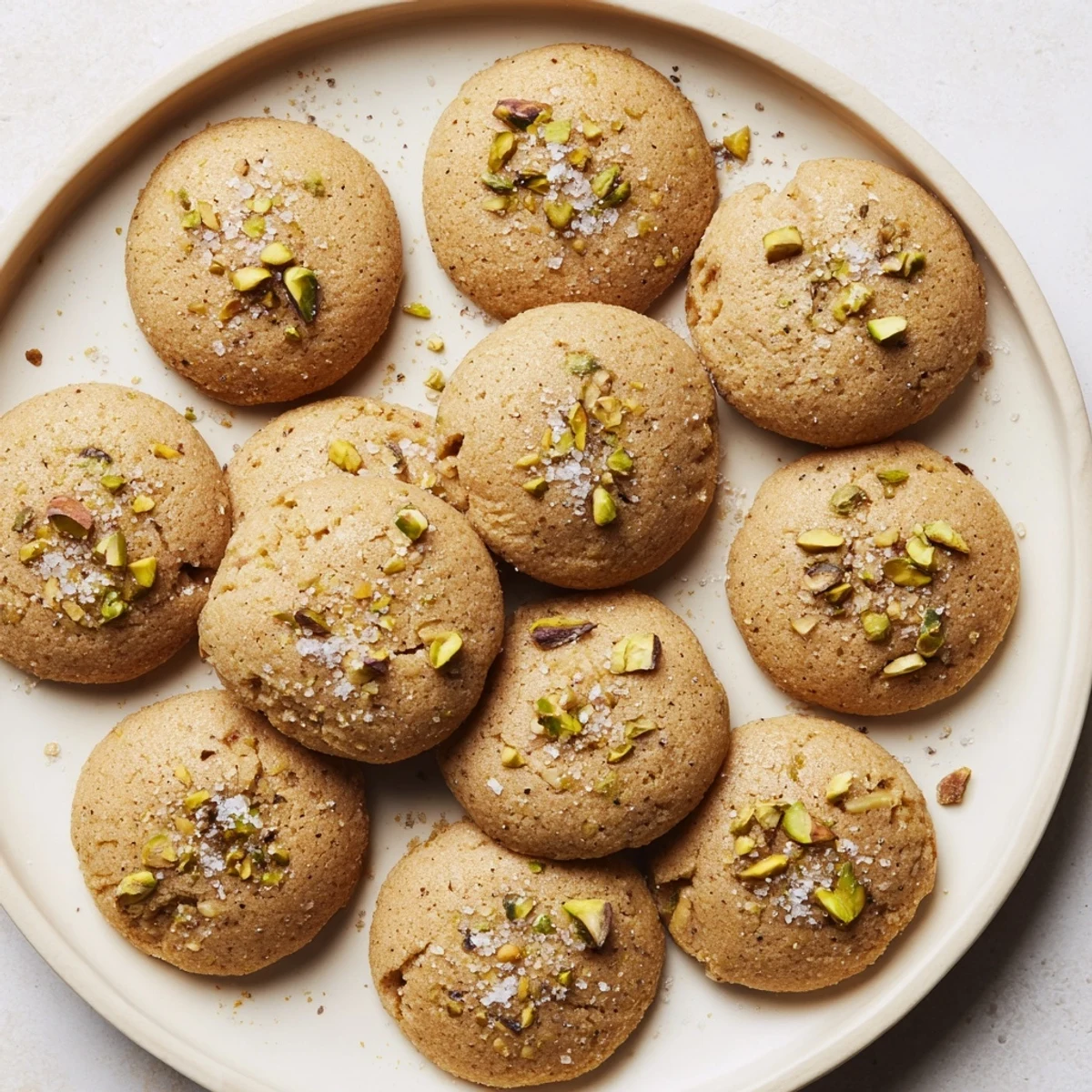 Soft baked salted honey pistachio cookies with golden edges and chopped green nuts scattered throughout