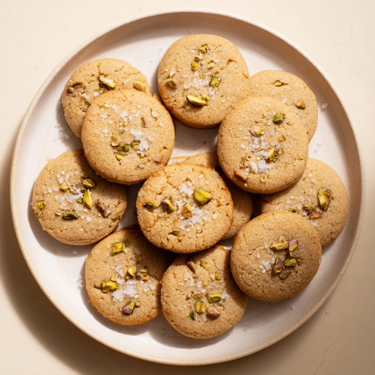 Chewy honey pistachio cookies topped with flaky sea salt on a wooden cutting board