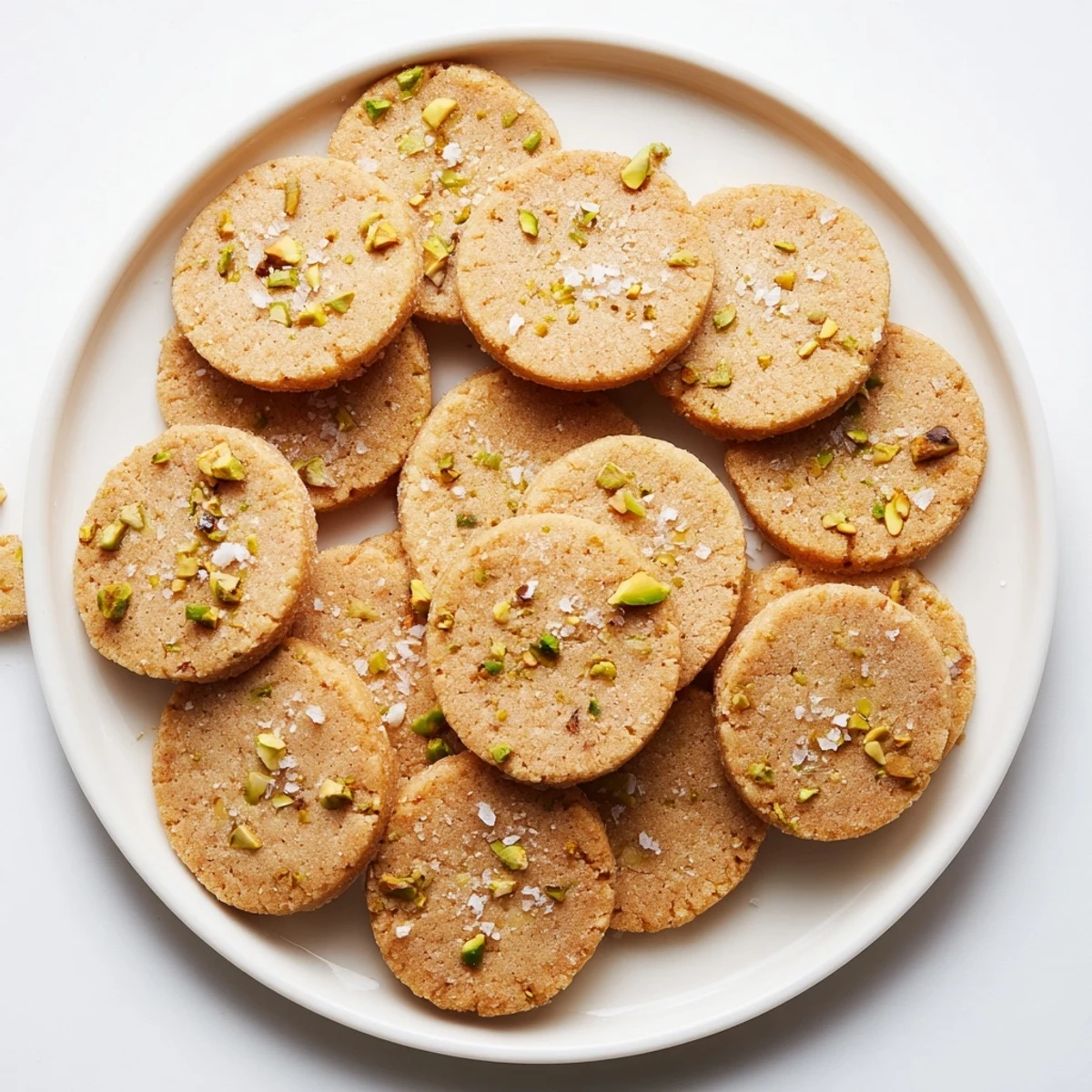 Freshly baked salted honey pistachio cookies stacked high with visible chunks of roasted pistachios