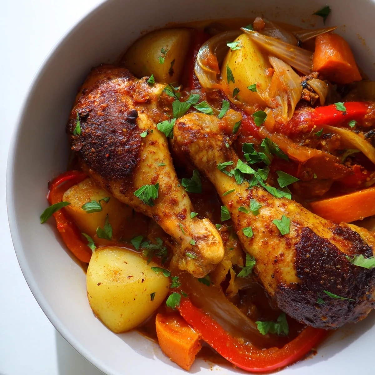 Golden Spanish chicken drumsticks stew with tender meat, rustic vegetables, and aromatic spices in a rich, savory broth