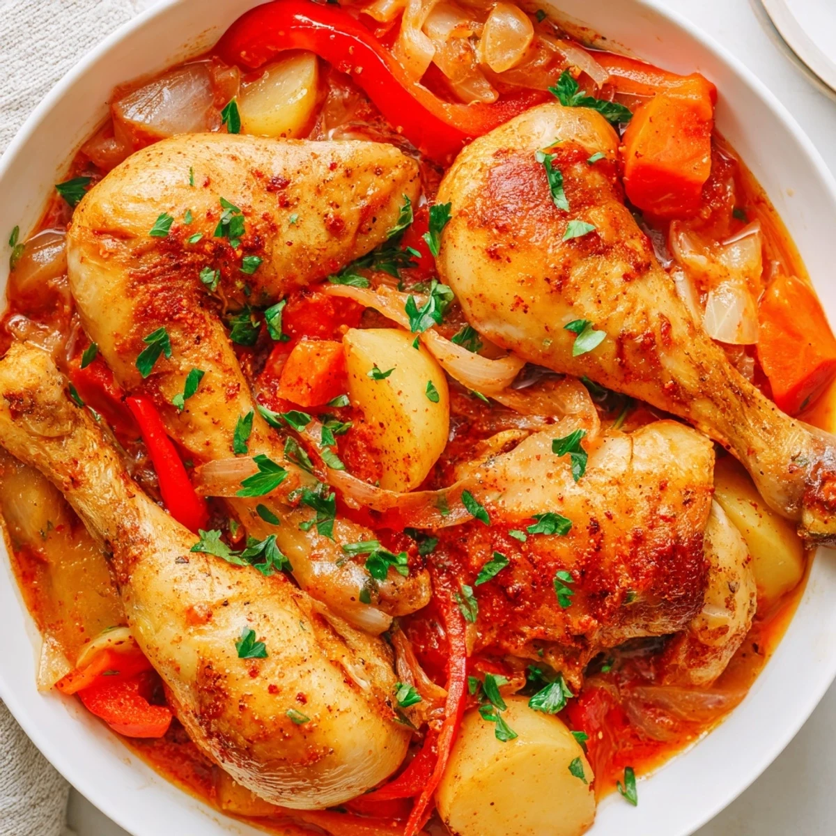Hearty chicken drumsticks simmered with onions, bell peppers, and potatoes in a fragrant Spanish-style stew finished with fresh parsley