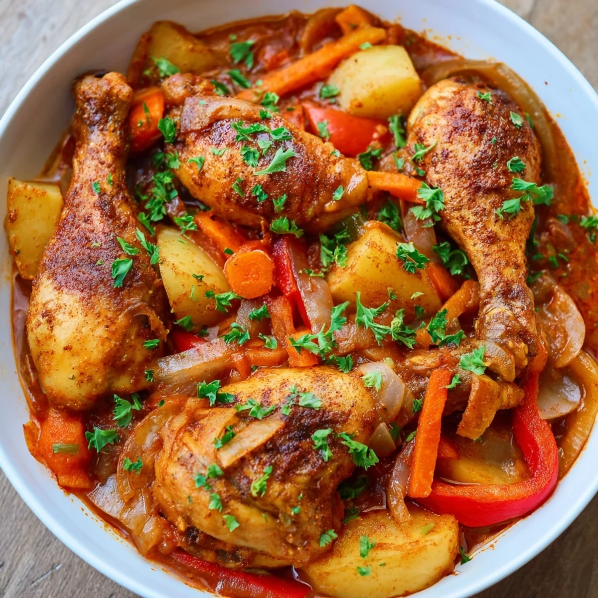 Comforting Spanish chicken drumsticks bubbling in a rustic pot with colorful vegetables and smoky spices, ready for a cozy family dinner