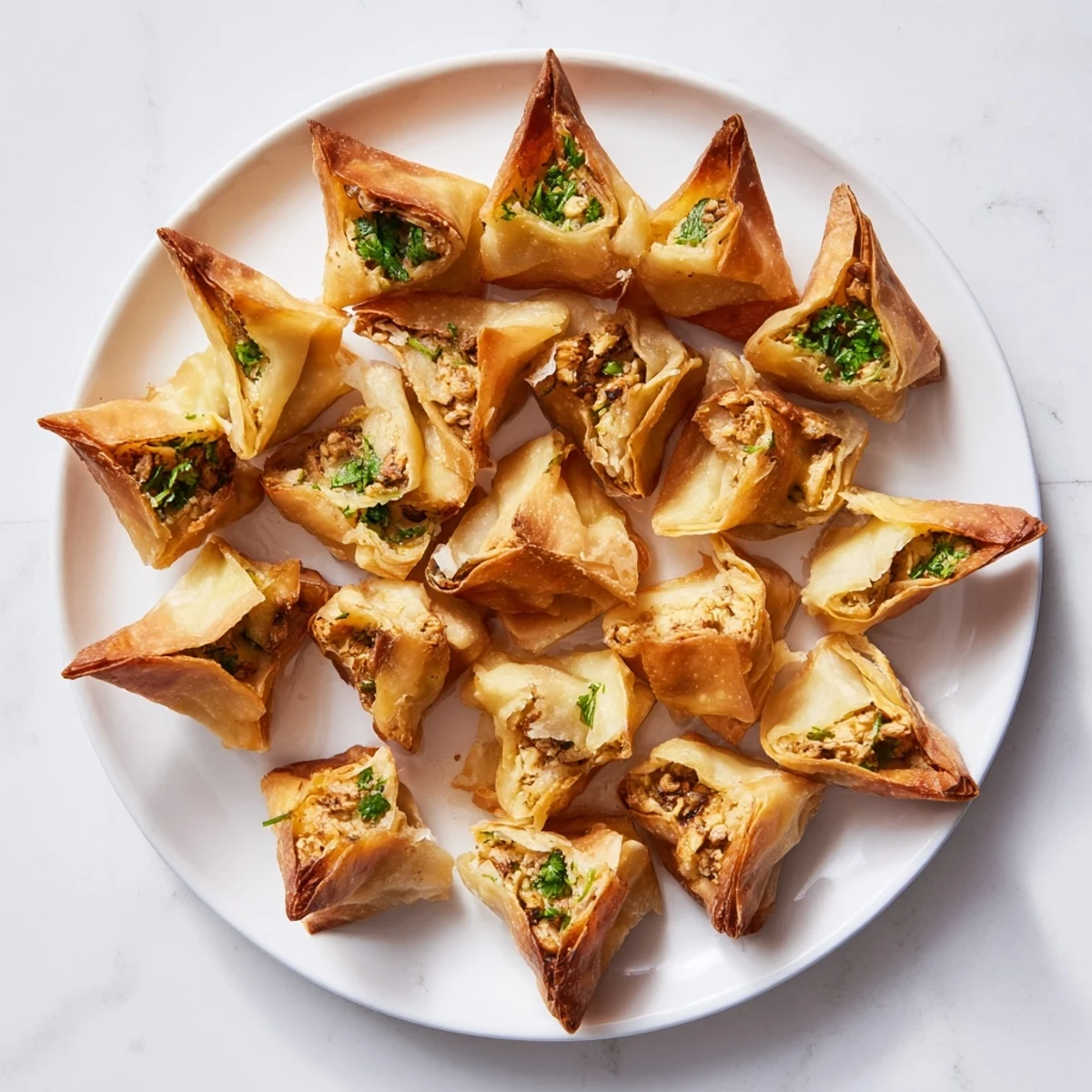 Crispy fried Moroccan chicken briouats triangle pastries filled with spiced meat and toasted almonds