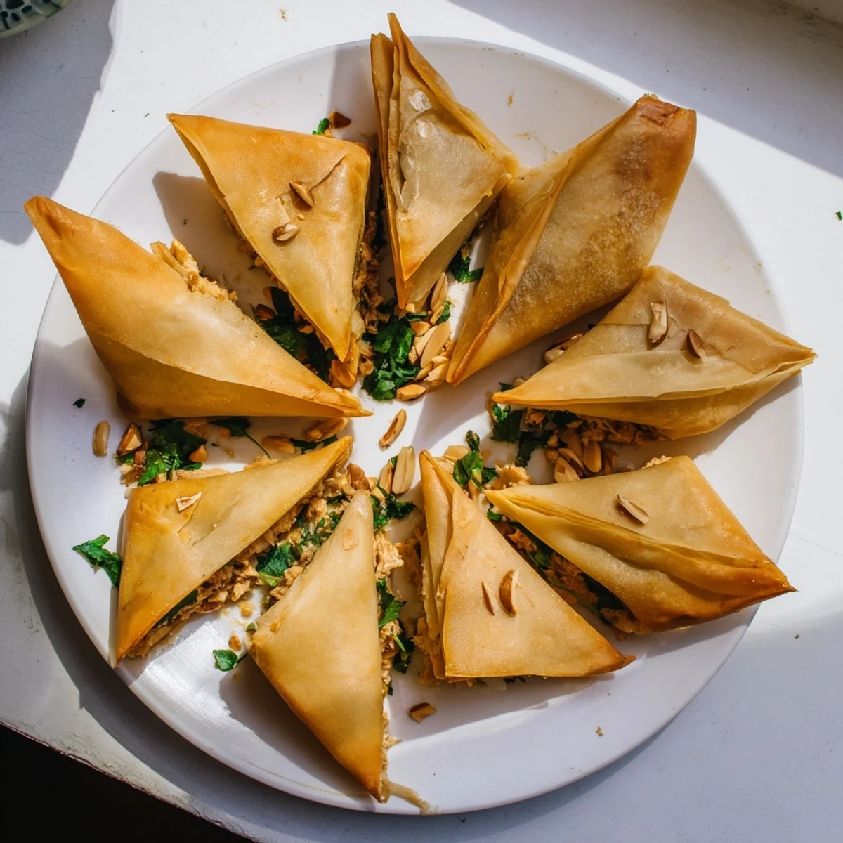 Plate of hot Moroccan chicken briouats appetizers served with lemon wedges and yogurt dipping sauce