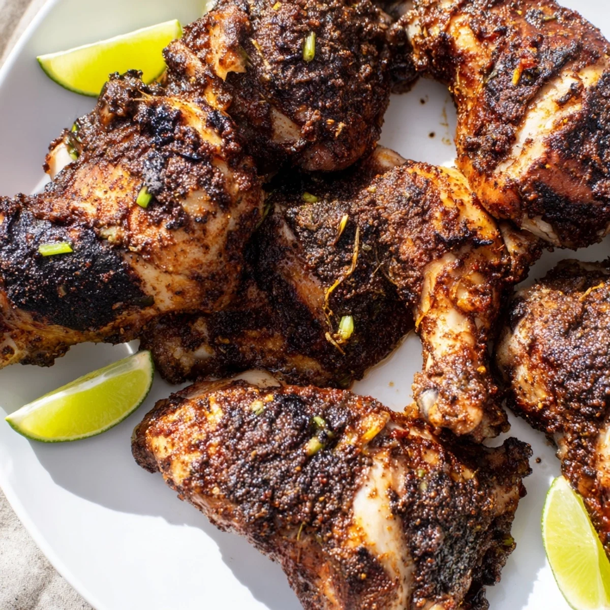 Grilled Jamaican jerk chicken thighs with charred crispy skin and aromatic spice marinade